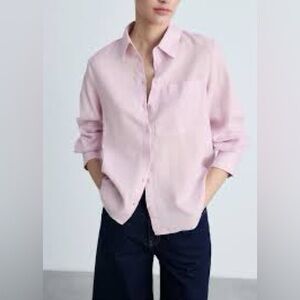 Mango Soft Pink Pocket Linen Cotton Button Down Shirt Size 6‎ EUC